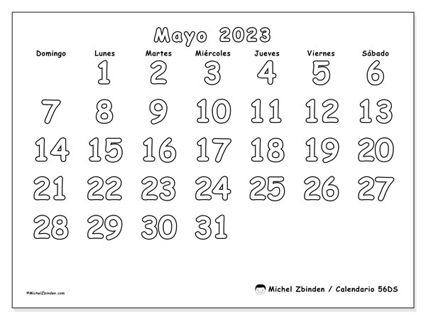 Calendario mayo de 2023 para imprimir. Calendario mensual “56DS” y agenda gratuito para imprimir