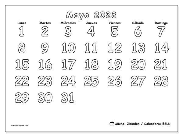 56LD, calendario de mayo de 2023, para su impresión, de forma gratuita.