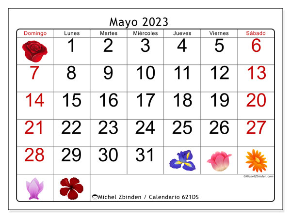 Calendario mayo de 2023 para imprimir. Calendario mensual “621DS” y almanaque imprimibile