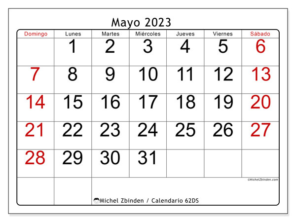 Calendario mayo 2023, 62DS. Calendario para imprimir gratis.