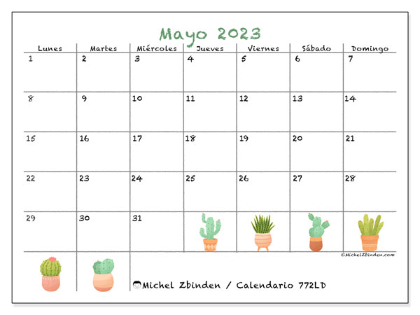 Calendario mayo 2023, 772LD. Calendario para imprimir gratis.