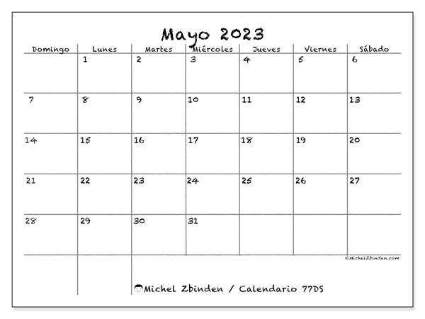 Calendario mayo 2023 “77”. Horario para imprimir gratis.. De domingo a sábado