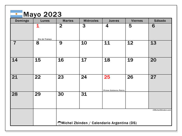 Calendario para imprimir, mayo de 2023, Argentina (DS)