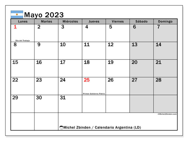 Calendario para imprimir, mayo de 2023, Argentina (LD)