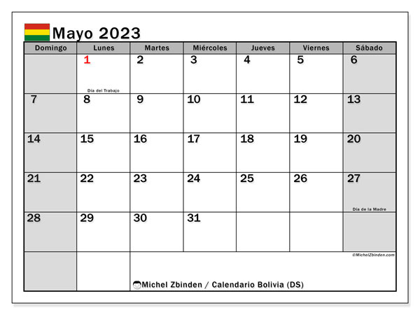 Kalenteri toukokuu 2023, Bolivia (ES). Ilmainen tulostettava kalenteri.