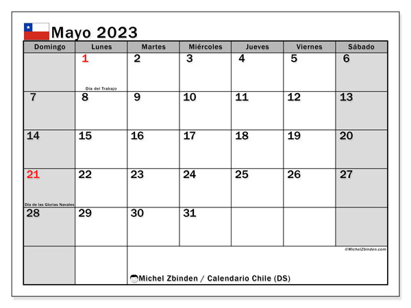 Calendario “Chile (DS)” para imprimir, con festivos. Calendario mensual mayo de 2023 y almanaque gratuito para imprimir.