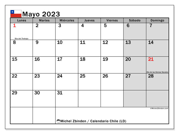 Calendario para imprimir, mayo de 2023, Chile (LD)