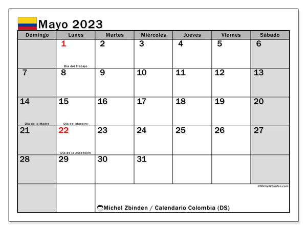 Calendar mai 2023, Columbia (ES). Calendar pentru imprimare gratuit.