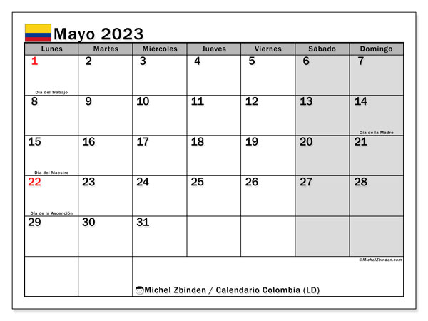 Calendario para imprimir, mayo 2023, Colombia (LD)