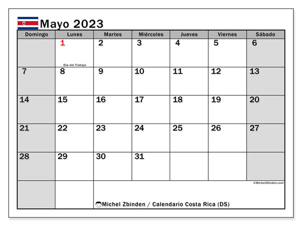 Kalender maj 2023, Costa Rica (ES). Gratis karta som kan skrivas ut.