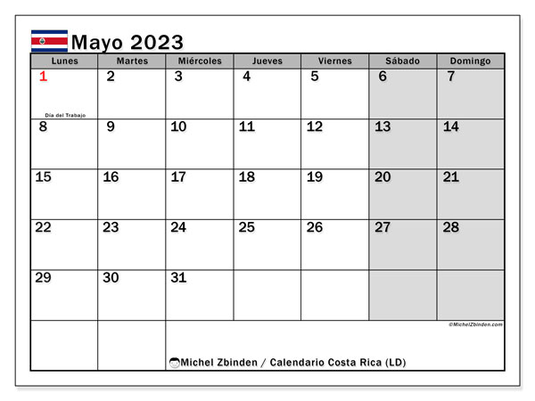 Calendario para imprimir, mayo de 2023, Costa Rica (LD)
