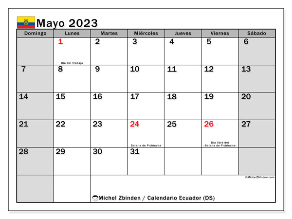 Calendario para imprimir, mayo de 2023, Ecuador (DS)