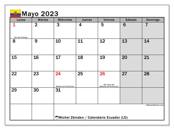 Calendario “Ecuador (LD)” para imprimir, con festivos. Calendario mensual mayo de 2023 y cronograma imprimibile.