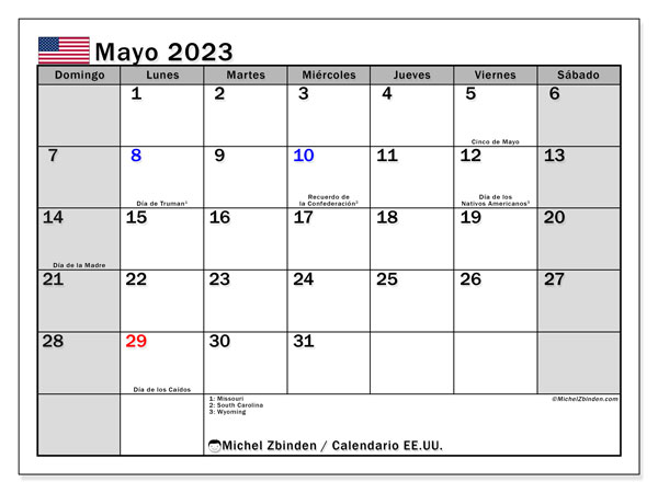 Kalender maj2023, USA (ES). Gratis plan til print.