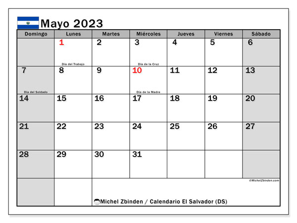 Kalender maj 2023, El Salvador (ES). Gratis karta som kan skrivas ut.