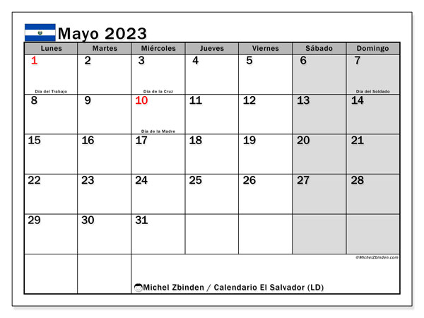 Calendario para imprimir, mayo de 2023, El Salvador (LD)