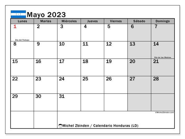 Calendario para imprimir, mayo de 2023, Honduras (LD)