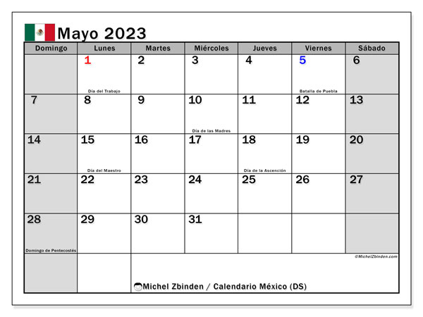 Calendario para imprimir, mayo 2023, México (DS)