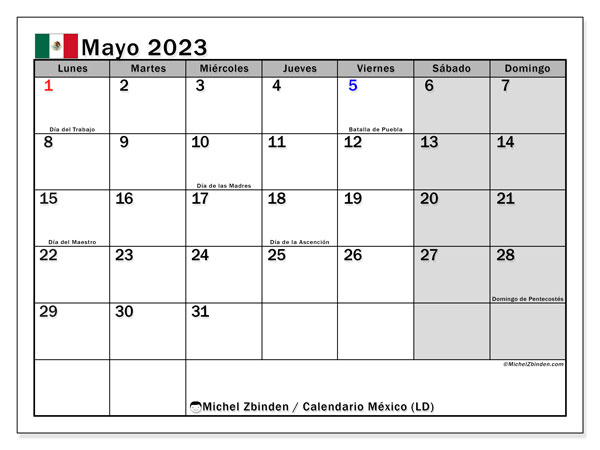 Calendario para imprimir, mayo 2023, México (LD)