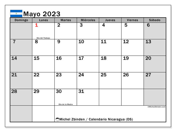 Kalender maj 2023, Nicaragua (ES). Gratis karta som kan skrivas ut.