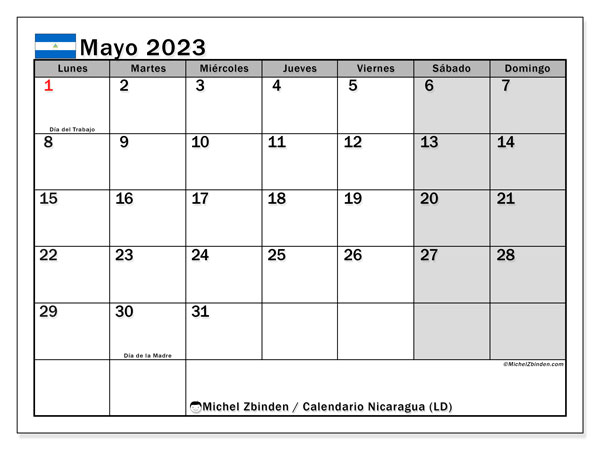 Calendario para imprimir, mayo de 2023, Nicaragua (LD)