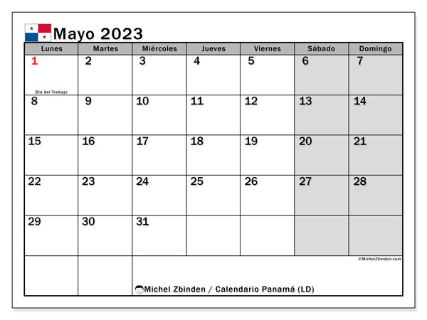 Calendario para imprimir, mayo de 2023, Panamá (LD)