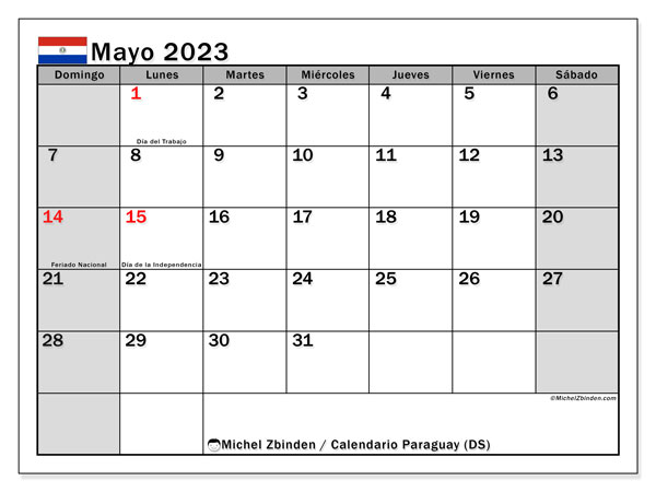 Calendario para imprimir, mayo de 2023, Paraguay (DS)