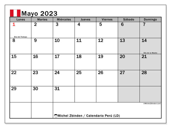Calendario “Perú (LD)” para imprimir, con festivos. Calendario mensual mayo de 2023 y cronograma para imprimer gratis.