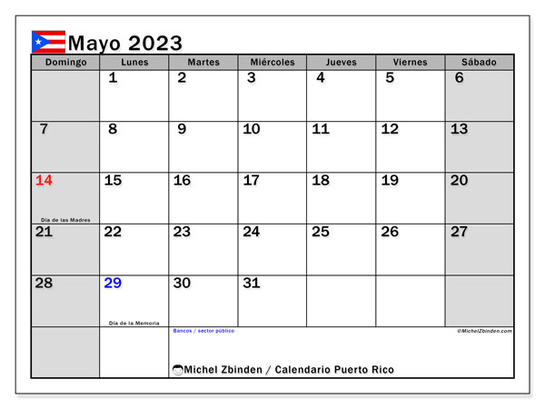 Kalender maj 2023, Puerto Rico (ES). Gratis karta som kan skrivas ut.