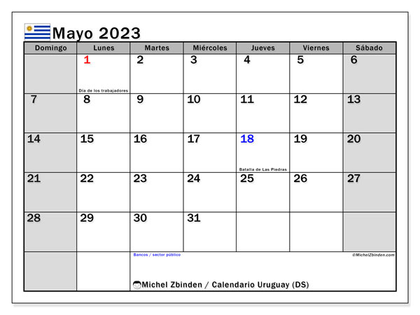 Calendario “Uruguay (DS)” para imprimir, con festivos. Calendario mensual mayo de 2023 y almanaque para imprimer gratis.