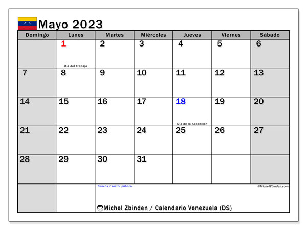 Calendario para imprimir, mayo 2023, Venezuela (DS)