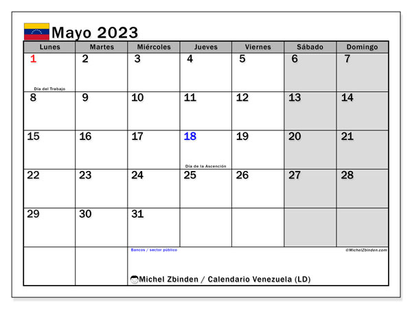 Calendario para imprimir, mayo 2023, Venezuela (LD)