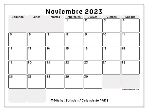Calendario noviembre 2023 “44”. Programa para imprimir gratis.. De domingo a sábado