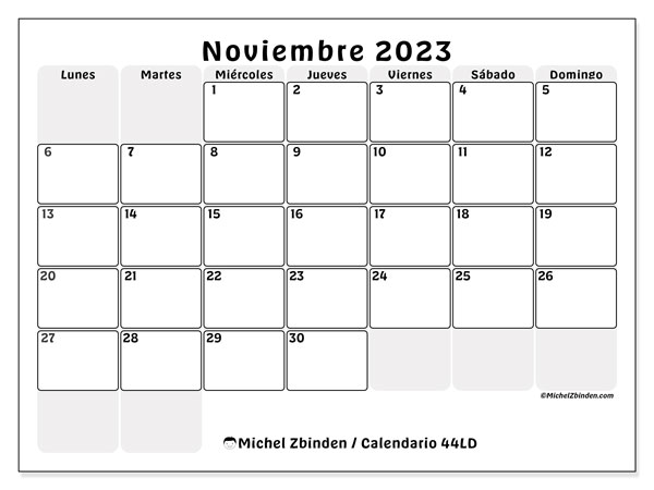 Calendario noviembre 2023 “44”. Programa para imprimir gratis.. De lunes a domingo