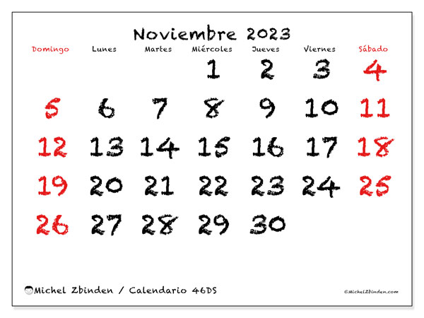 Calendario noviembre 2023 “46”. Diario para imprimir gratis.. De domingo a sábado