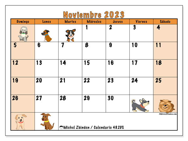 Calendario noviembre 2023 “482”. Programa para imprimir gratis.. De domingo a sábado