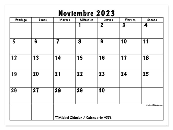 Calendario noviembre 2023 “48”. Horario para imprimir gratis.. De domingo a sábado