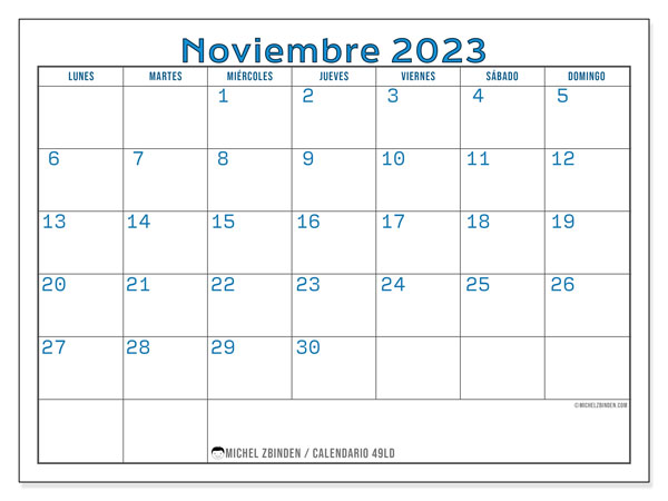 Calendario noviembre 2023, 49LD. Horario para imprimir gratis.