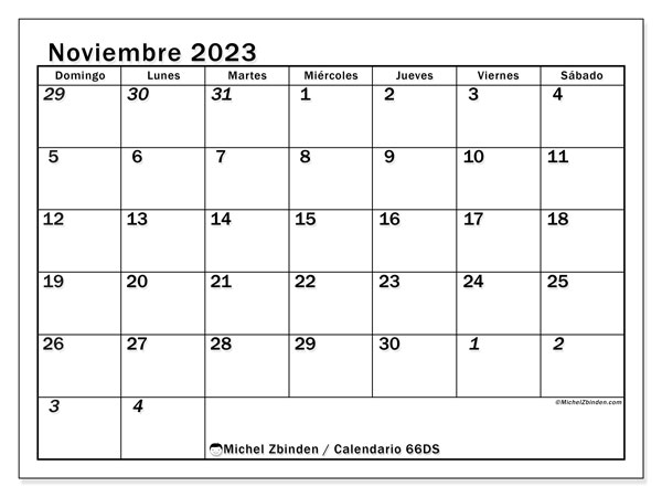 Calendario noviembre 2023 “501”. Calendario para imprimir gratis.. De domingo a sábado