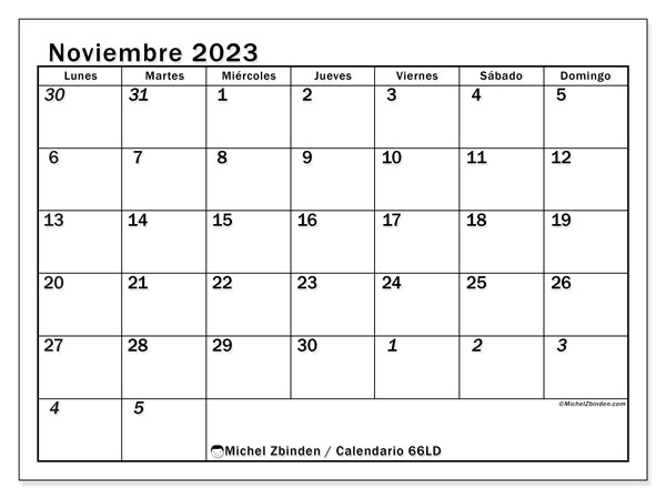 Calendario noviembre 2023 “501”. Horario para imprimir gratis.. De lunes a domingo