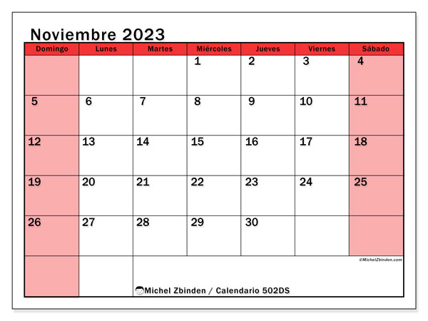 Calendario noviembre 2023 “502”. Calendario para imprimir gratis.. De domingo a sábado