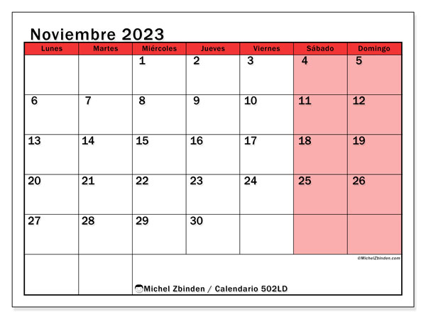 Calendario noviembre 2023 “502”. Calendario para imprimir gratis.. De lunes a domingo