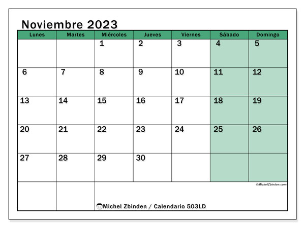 Calendario noviembre 2023 “503”. Horario para imprimir gratis.. De lunes a domingo