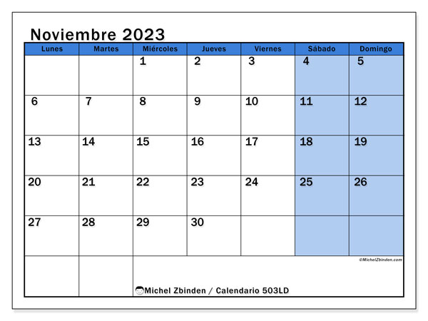 Calendario noviembre 2023 “504”. Calendario para imprimir gratis.. De lunes a domingo