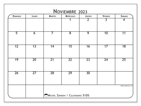 Calendario noviembre 2023 “51”. Diario para imprimir gratis.. De domingo a sábado