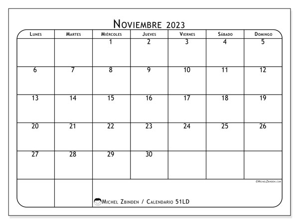 Calendario noviembre 2023 “51”. Diario para imprimir gratis.. De lunes a domingo