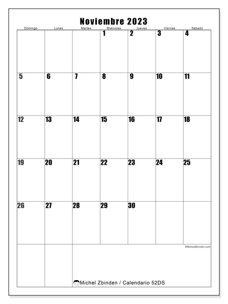 Calendario noviembre 2023 “52”. Calendario para imprimir gratis.. De domingo a sábado