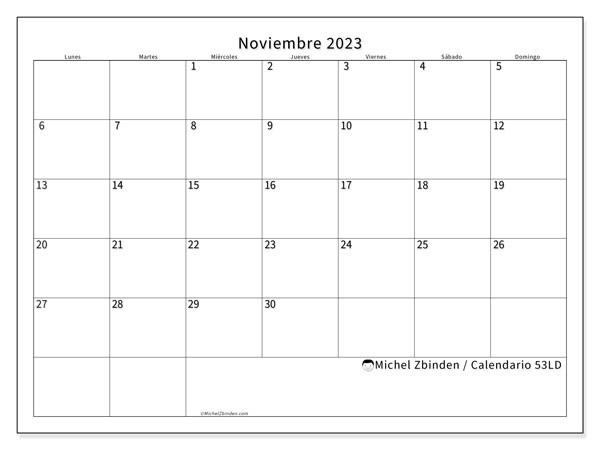 Calendario noviembre 2023 “53”. Calendario para imprimir gratis.. De lunes a domingo
