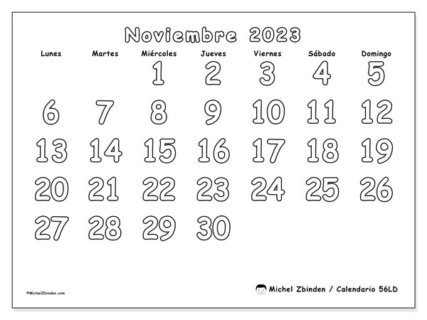 Calendario noviembre de 2023 para imprimir. Calendario mensual “56LD” y agenda gratuito para imprimir