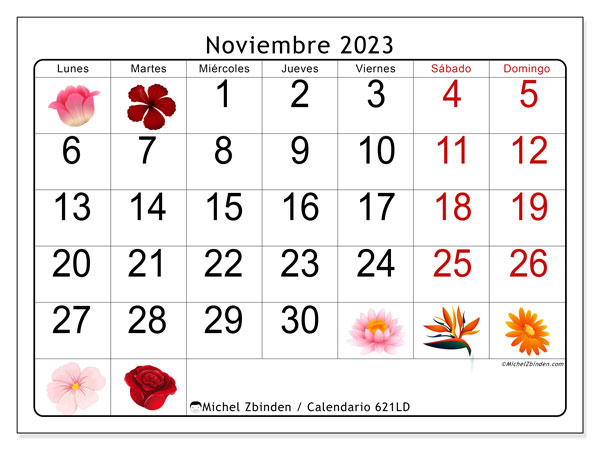 Calendario noviembre 2023 “621”. Programa para imprimir gratis.. De lunes a domingo